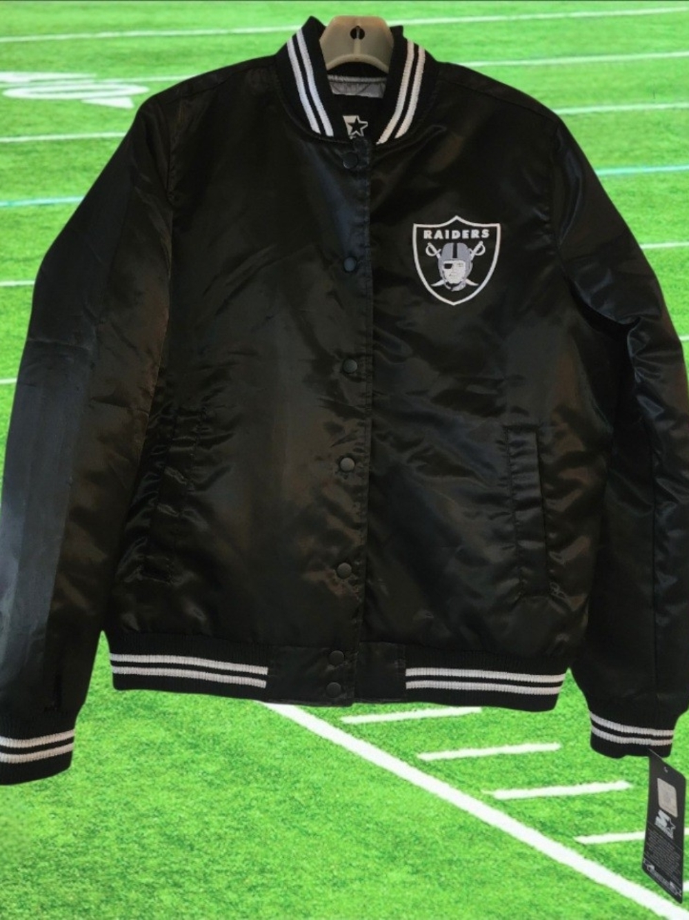 STARTER Women's Black Satin Raiders Bomber Jacket with White Trim
